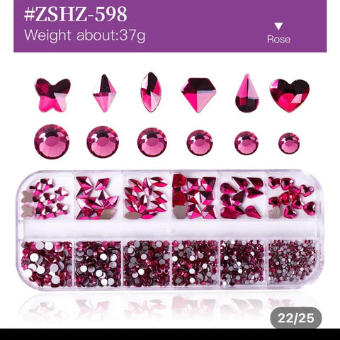 12Grid Box Multi Size Rhinestones Flatback /ROSE 598