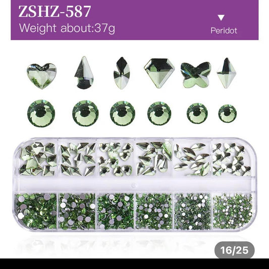 12Grid Box Multi Size Rhinestones Flatback/ PERIDOT