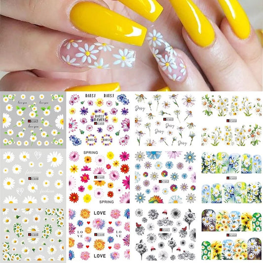 12 Pcs Daisy Flower Nail Stickers Water Transfer