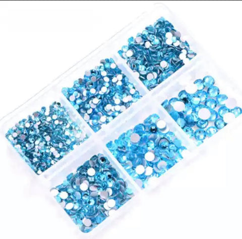 6 Grids In 1Box Mixed Size Crystal 3D Flat Back Nail Art Diamond Gem Shinny #17 Sea Blue
