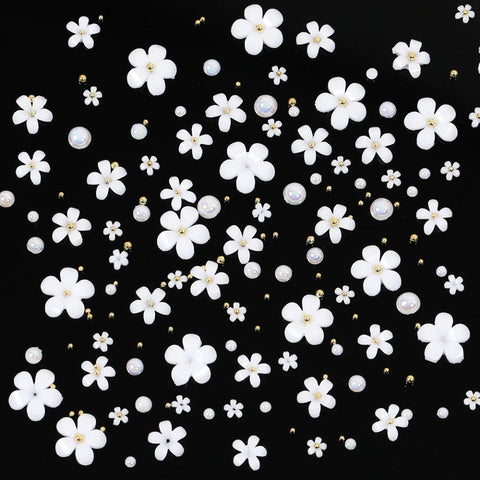 Mixed White Flowers Gold Pearl  Nail Art