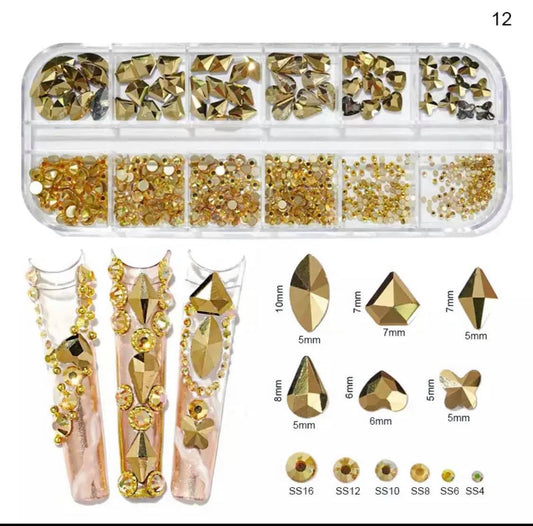 12Grid Box Multi Size Rhinestones Flatback / Mined Gold 12