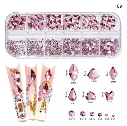12Grid Box Multi Size Rhinestones Flatback / Pink 09