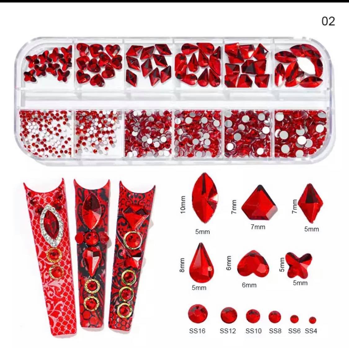 12Grid Box Multi Size Rhinestones Flatback / Red 02