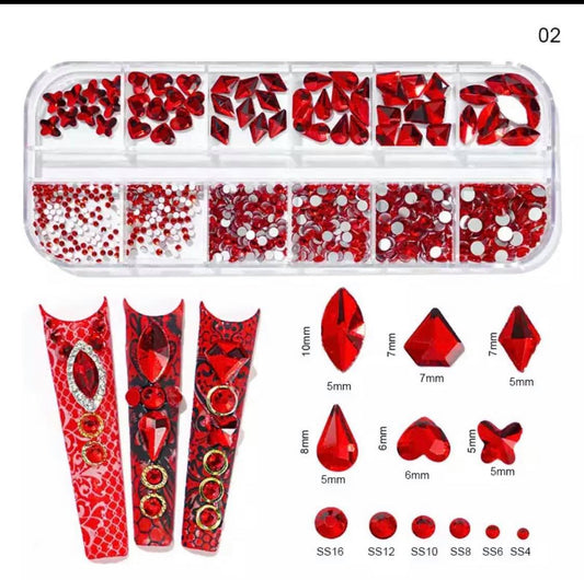 12Grid Box Multi Size Rhinestones Flatback / Red 02