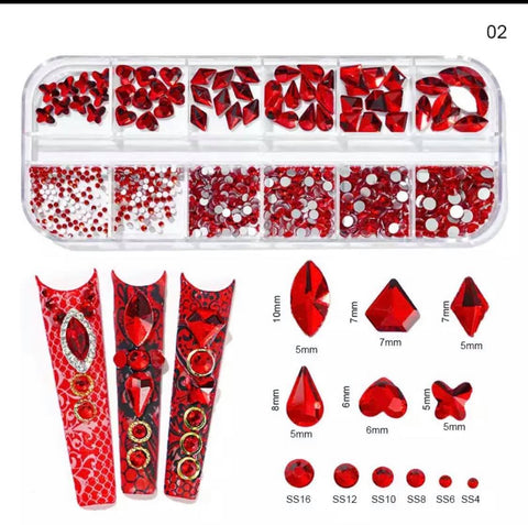 12Grid Box Multi Size Rhinestones Flatback / Red 02