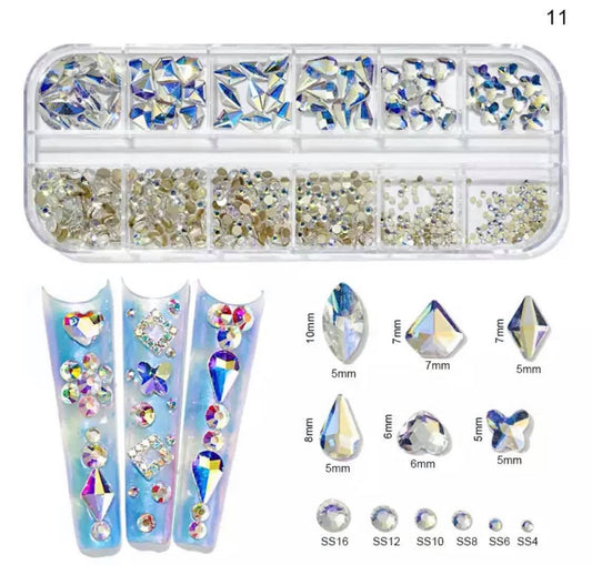 12Grid Box Multi Size Rhinestones Flatback / Light Blue AB 11