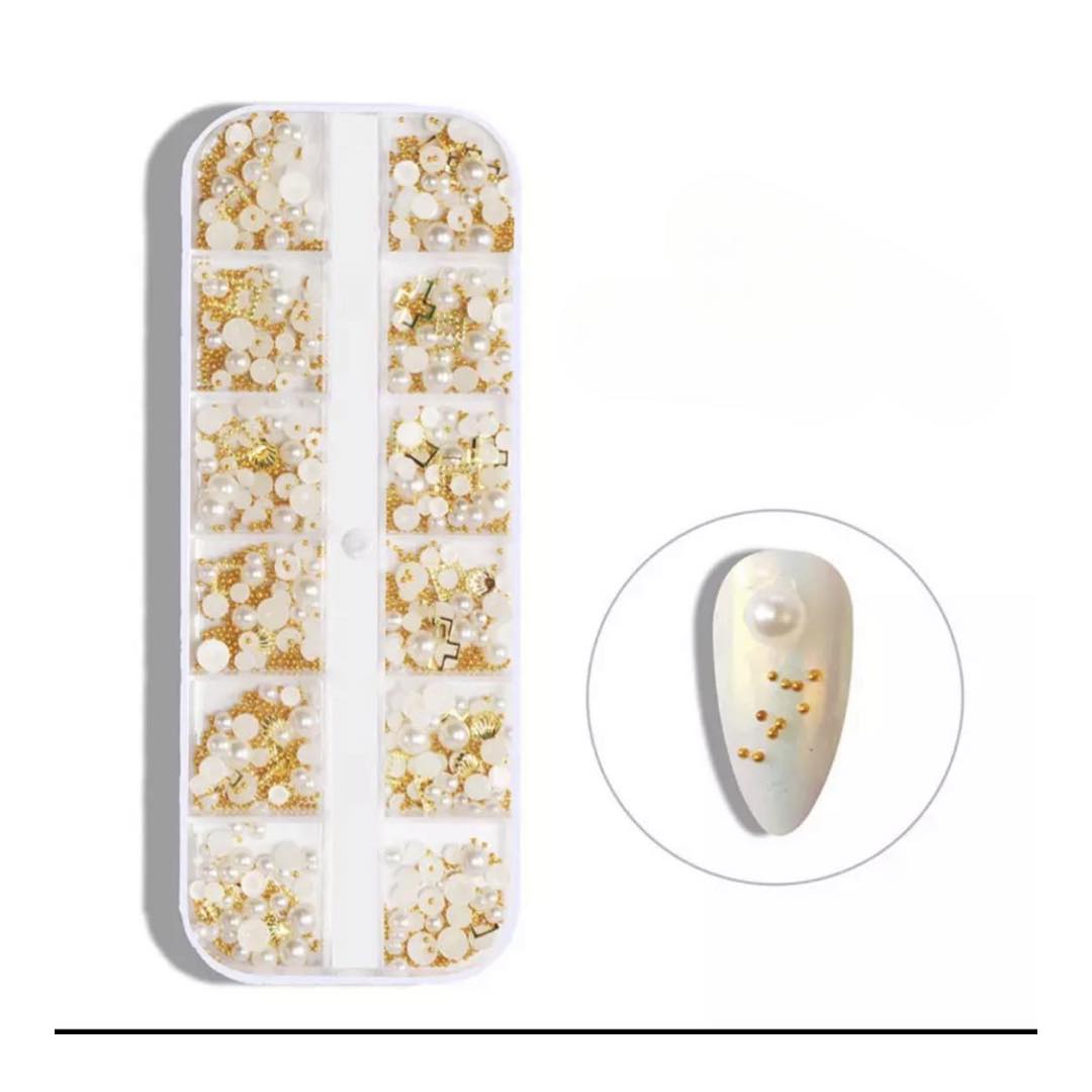 12 Grids Pearl & Gold Beads, Alloy Decoration