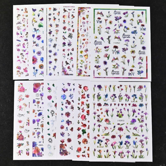 12PCS Aurora Leaf, Flowers 3D Nail Stickers