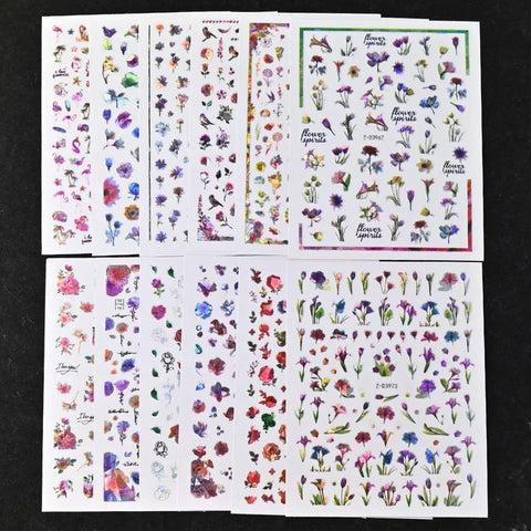 12PCS Aurora Leaf, Flowers 3D Nail Stickers