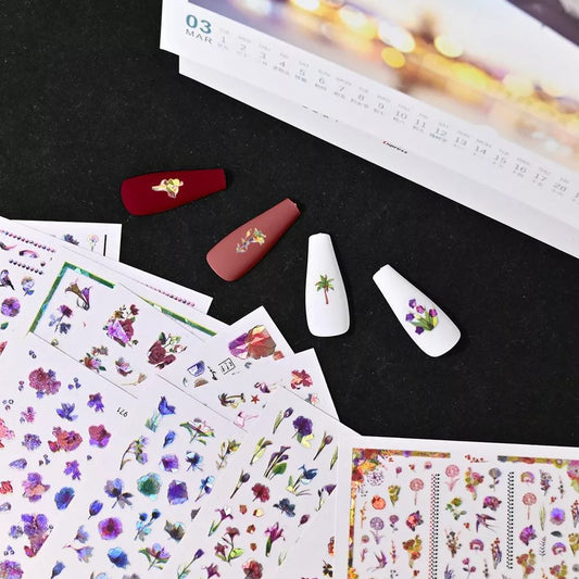12PCS Aurora Leaf, Flowers 3D Nail Stickers