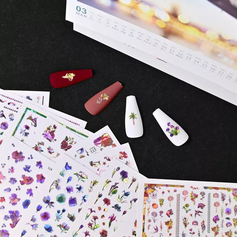 12PCS Aurora Leaf, Flowers 3D Nail Stickers