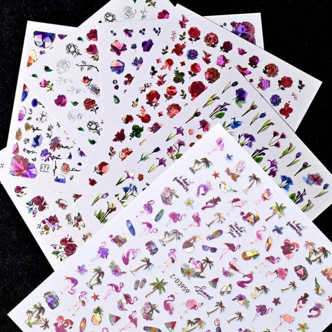 12PCS Aurora Leaf, Flowers 3D Nail Stickers