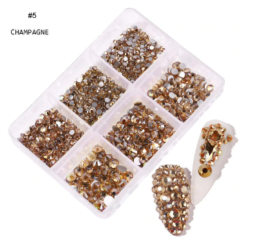 6Grids In 1Box Rhniestones Mixed Size Crystal  3D  Flat Back Nail Art Diamond Gem Shinny Rhinestone #5 CHAMPAGNE